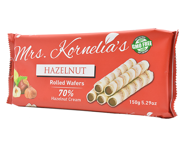 Wafer rolls filled with hazelnut cream